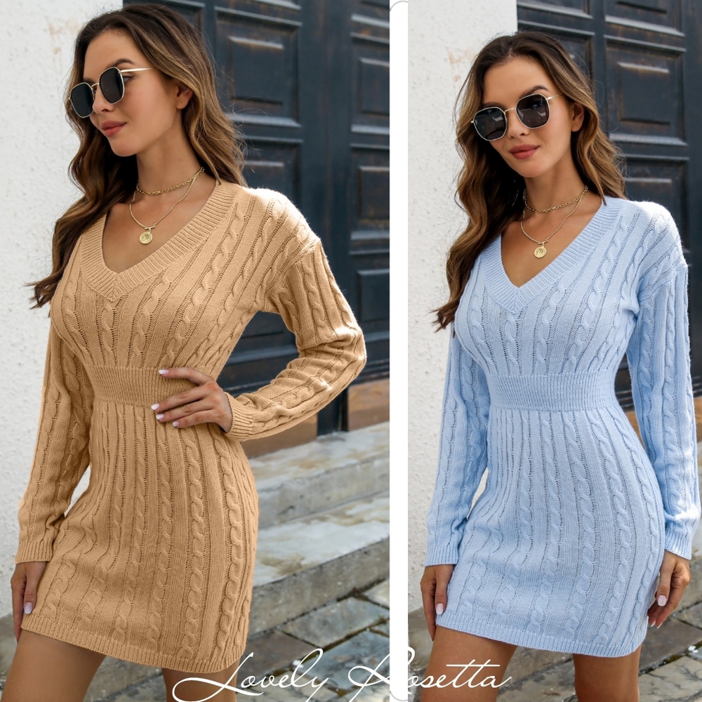 Camel V-Neck Mini Sweater Dress